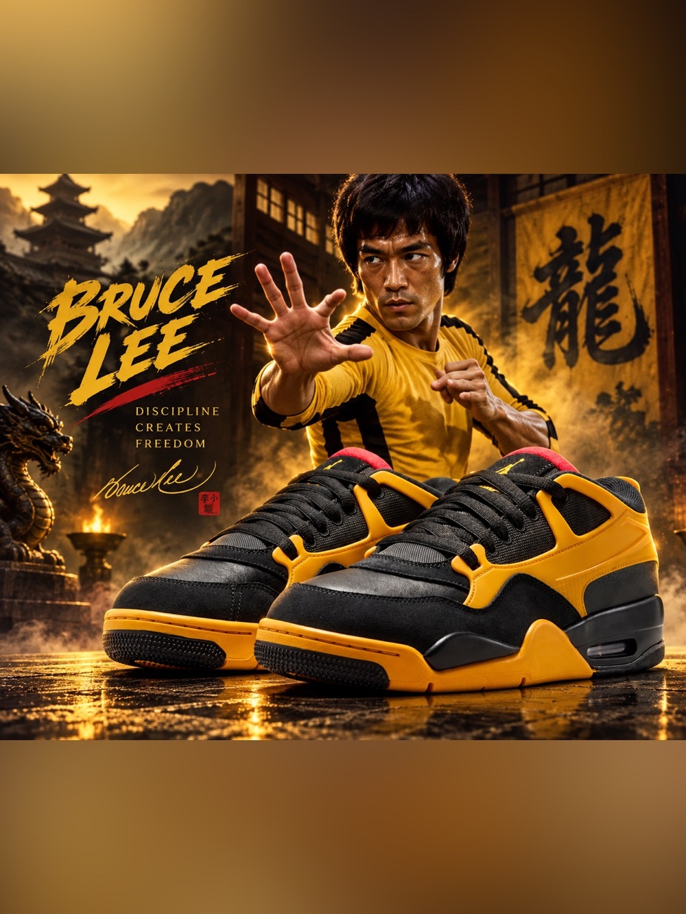 Air Jordan 4 RM Bruce Lee FQ7939-007 Black Yellow Red Men Size 14 Game of Death